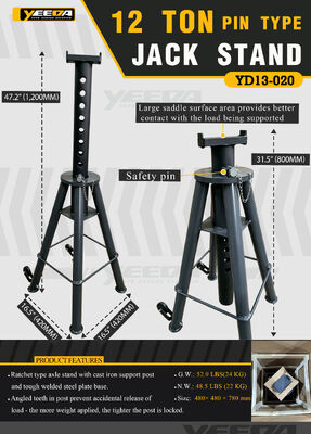 12 Ton Capacity Pin Type Jack Stand with Safety Pin and Angled Teeth Post Lock and Large Saddle Surface Area